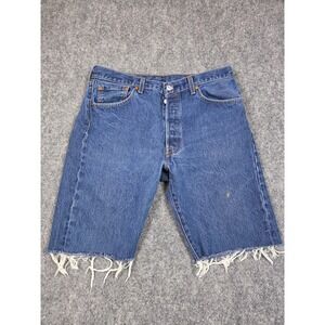 Levi's 501 Denim Shorts Mens W35 Blue Cut Off Raw Frayed Hem Button Fly Mid Wash